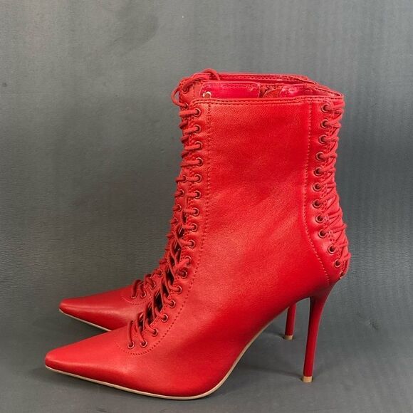 Steve Madden Red Allnight Leather Laced Stiletto Heel Booties womens size 7 new - Picture 3 of 10